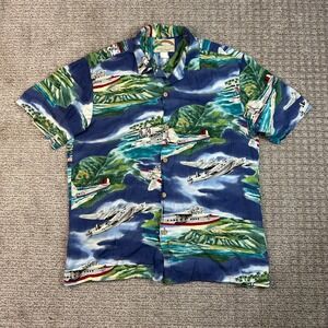 Vintage Paradise Found Mens Seaplane Aloha Shirt Medium Blue Rayon Made in HI